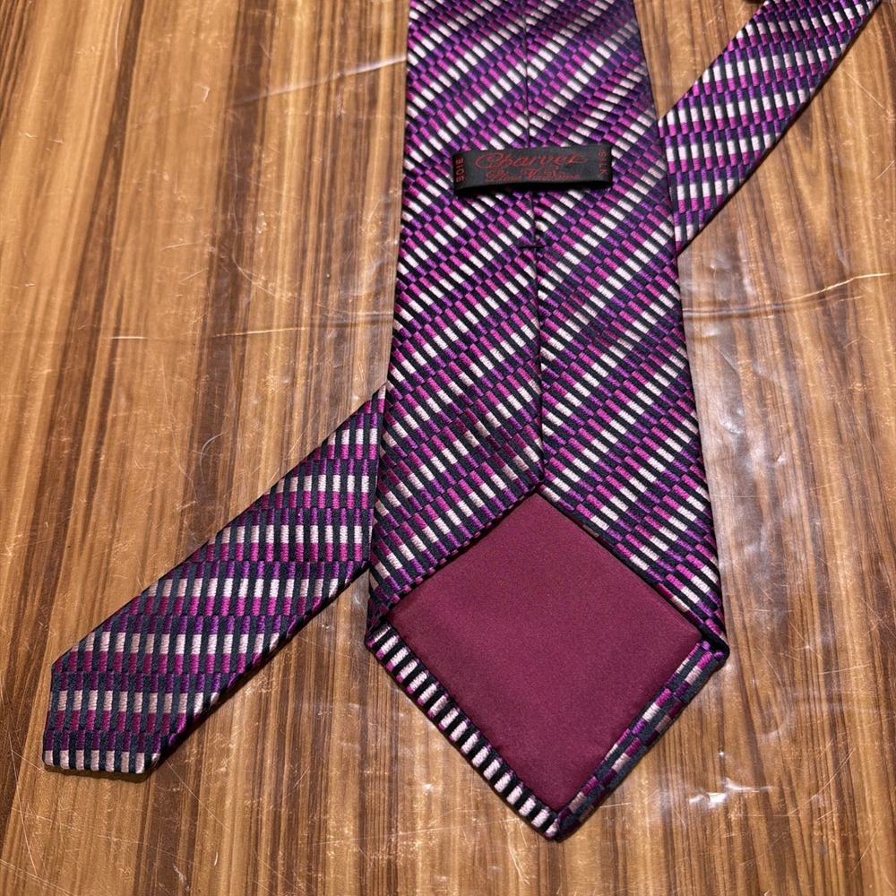 Charvet 100% Silk Necktie, Purple & Pink Striped 3.5" X 58"